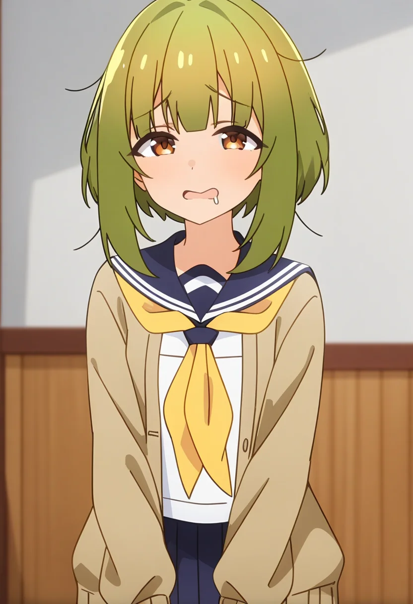 masterpiece, best quality, absurdres, very aesthetic, aesthetic, 1girl, ct_bashame, brown cardigan, puffy sleeves, serafuku, blue sailor collar, yellow neckerchief, blue miniskirt, shiny skin, indoors, looking at viewer, cowboy shot, drool, <lora:Bashame_Meme_XL_ct:0.9>