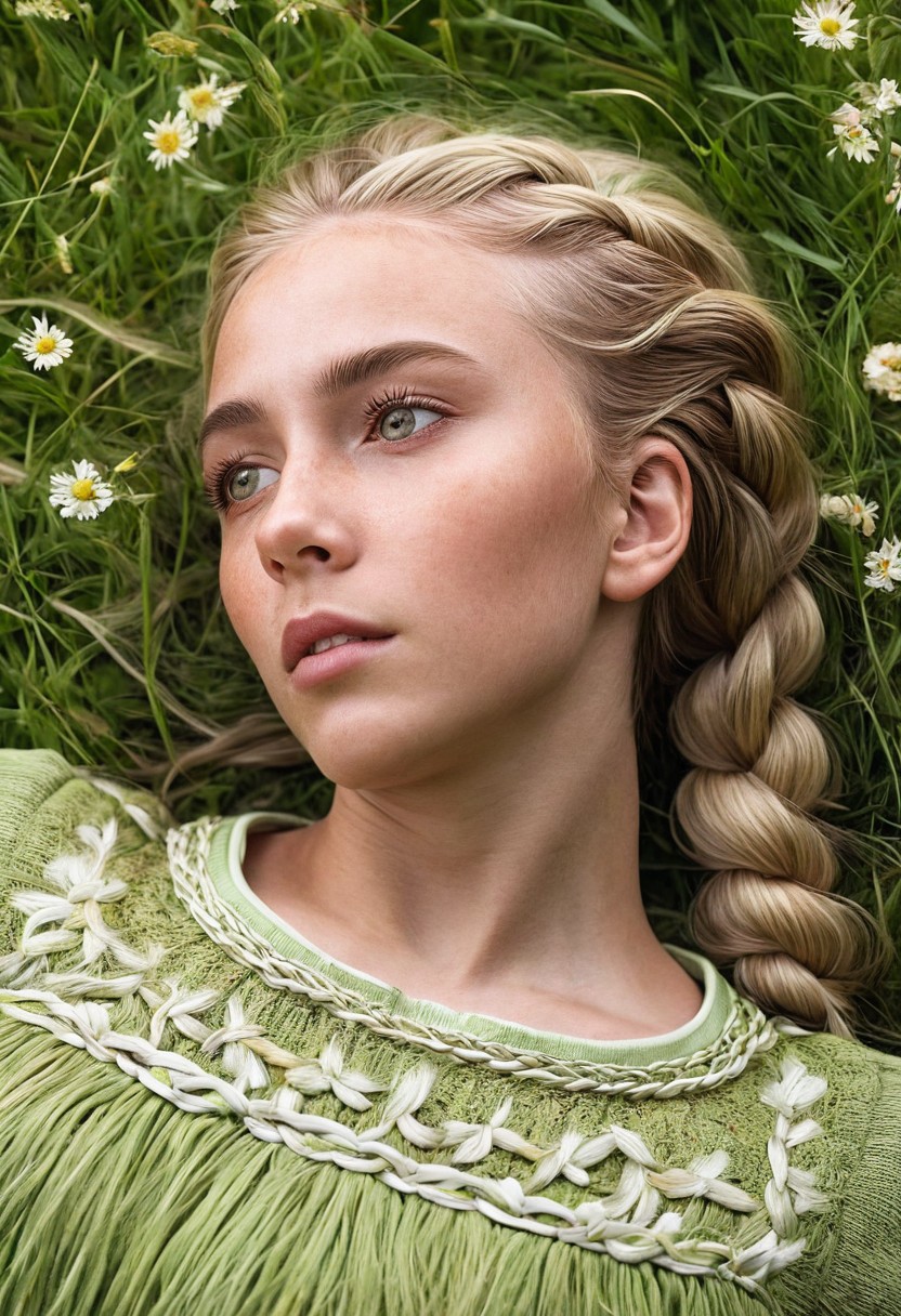 Hyperrealistic art High-definition portrayal, ((ultra-dynamic angle)) ((blonde girl with intricate detailed braids)), reclined and basking in the radiant beauty of a blooming meadow