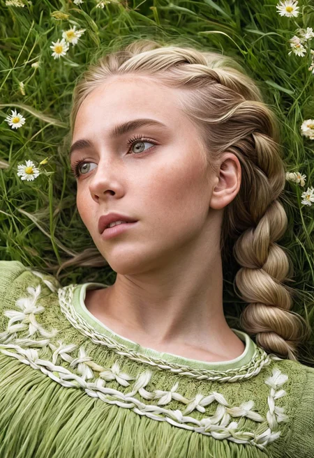 Hyperrealistic art High-definition portrayal, ((ultra-dynamic angle)) ((blonde girl with intricate detailed braids)), reclined and basking in the radiant beauty of a blooming meadow