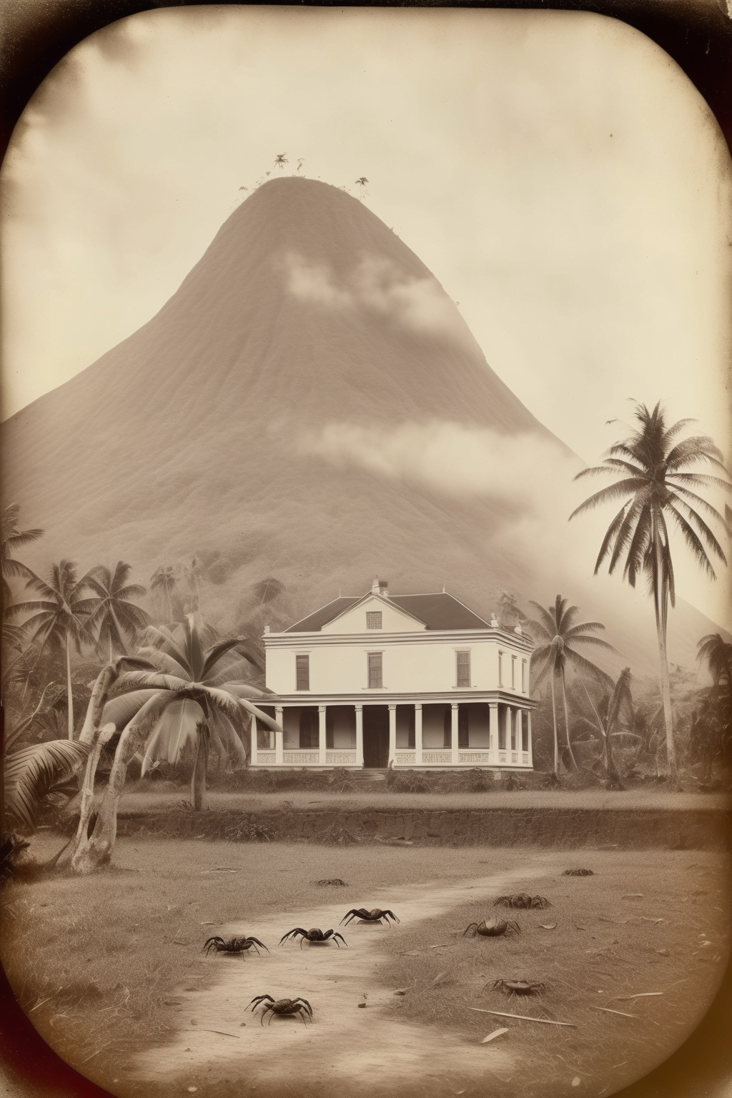 <lora:Albumen Print:1>Albumen Print - 19th century dagherrotype of a colonial house with palms and a tropical landscape in the background, in first term there are some crabs on the ground, calm mood, sunny day, a volcanoe fog can be seen in the far backgrund behind some hills, old photo, photography, vintage