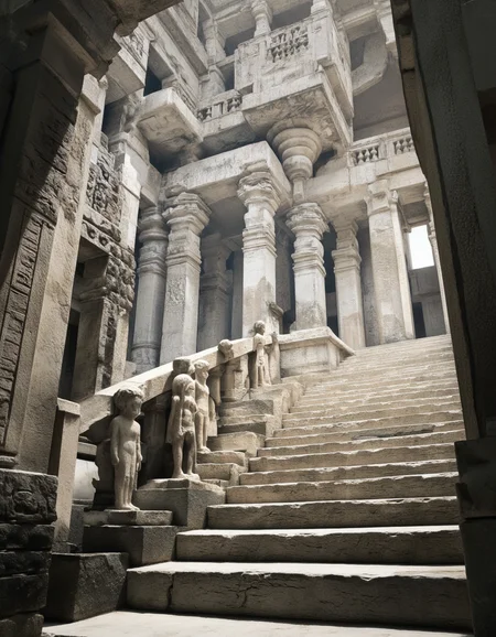 A photo-realistic shoot from below about a grand, ancient stone structure with intricate carvings and sculptures. the image also shows a set of stairs leading up to the upper level of the structure, which is dominated by tall, intricate stone columns with carvations of various shapes and sizes. the columns are intricately carved with detailed designs, and the stairs are made of stone with a textured surface. on the left side of the image, a group of stone figures are standing on the stairs, facing the viewer. the figures appear to be of different ages and genders, and they are all facing the same direction. the scene is set in a temple, with the stone columns and stairs creating a sense of depth and dimension. the lighting is soft and diffused, casting gentle shadows and highlighting the intricate details of the figures. the overall effect is one of grandeur and awe, with a focus on the ancient architecture of the temple.