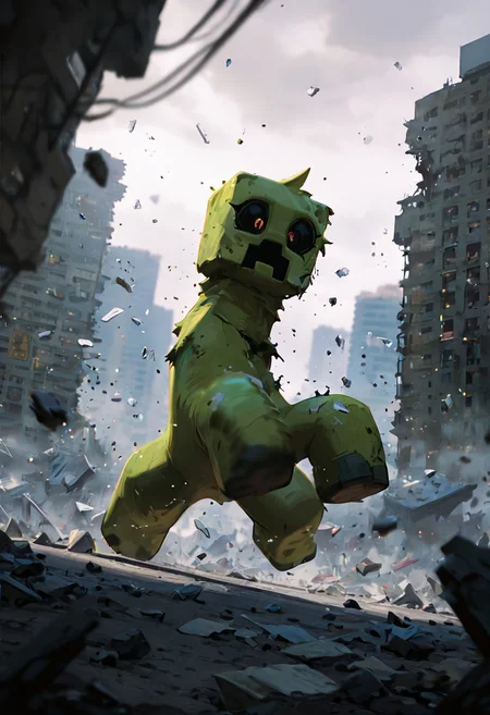 masterpiece, best quality, amazing quality, very aesthetic, absurdres, newest, , detailed background,
movie scene, cinematic scene, cinematic, foreground blur, depth of field,
crpr, no humans, full body, pokemon (creature), open mouth, black sclera, black mouth, green skin
in city, destroyed city, shattered buildings, chaos, floating particles,