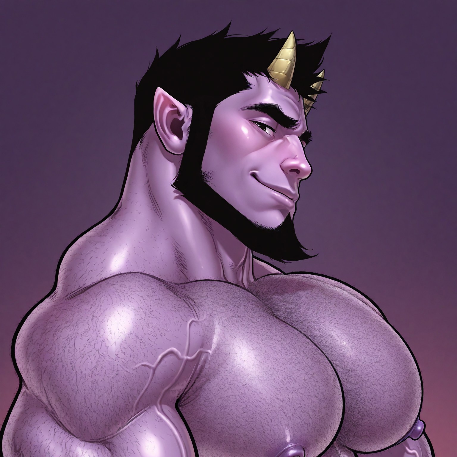 masterpiece, best quality, absurdres, newest, perfect quality, best quality, absolutely eye-catching, detailed background, intricate details, bara, 1boy, male, male focus, solo, mature, purple skin, yellow horns, small horns, black hair, short hair, spiky hair, chinstrap beard, thick eyebrows, hairy, extremely hairy, excessive body hair, hairy arms, hairy chest, hairy shoulders, bara, muscular, large pectorals, large biceps, looking at viewer, face close-up, portrait, looking at viewer, side view, smirk, purple background, simple background, very awa, best quality, absurdres, newest, perfect quality, detailed background, intricate details, (artist:rokudenashi:0.8), (artist:dizdoodz:0.7), (artist:gomtang:0.6)