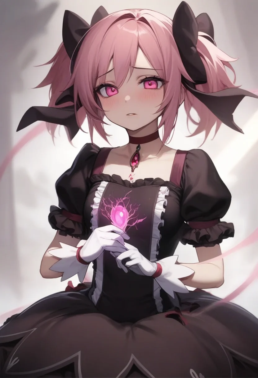 masterpiece,best quality,very aesthetic,absurdres,<lora:kaname_madoka:1>,1girl,alternate_color,alternate_costume,black_dress,dark_persona,gothic_lolita,grief_seed,hair_bow,kaname_madoka,kriemhild_gretchen,magical_girl,photoshop_\(medium\),pink_eyes,pink_hair,ribbon_choker,solo,spoilers,white_gloves,