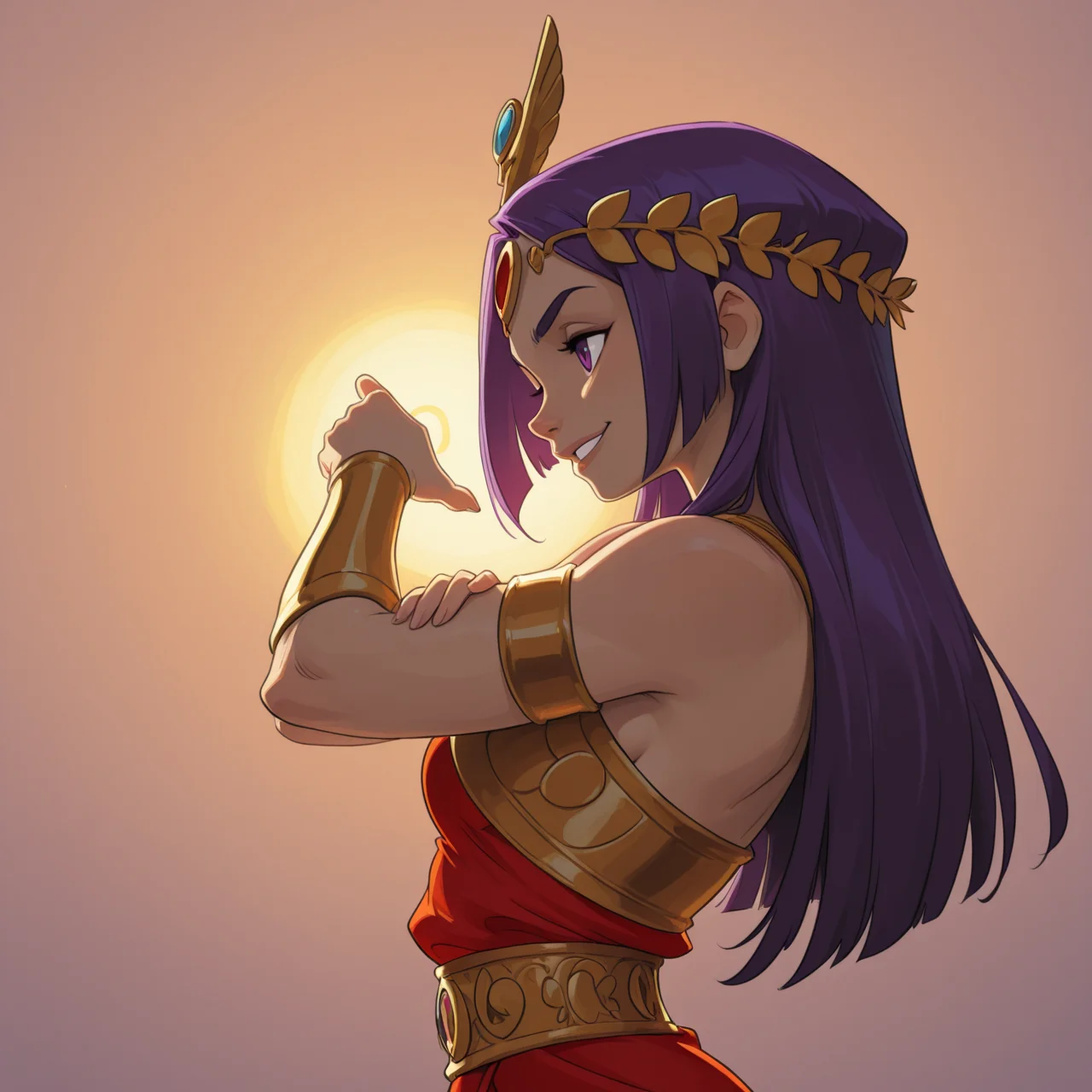 1girl,
Athena, Hades,
official style,
from side ,
grin
comfortable pose,
<lora:DarkfireStyle11:1>