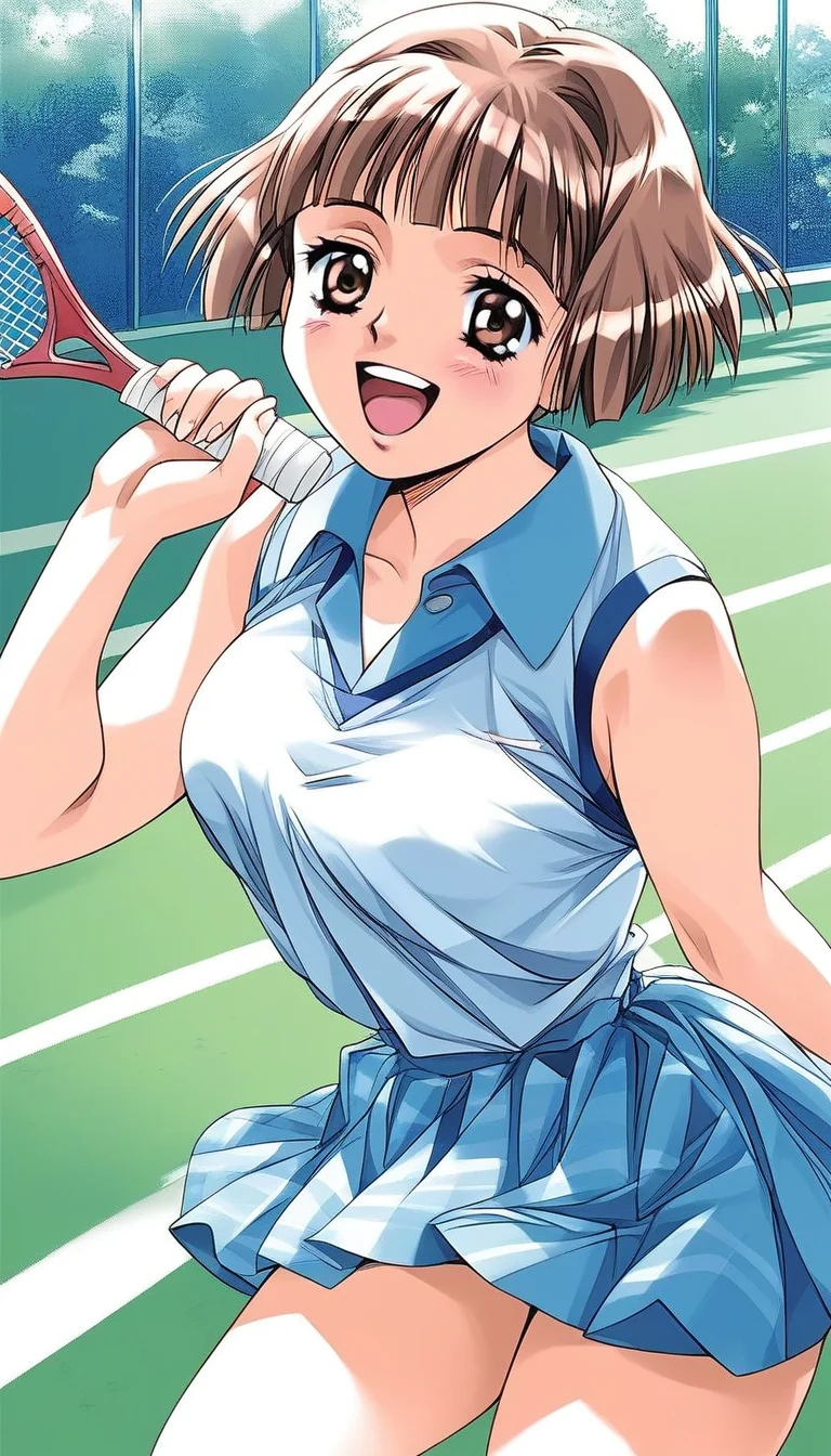 score_9, score_8_up, score_7_up, source_anime, rating_explicit, BREAK <lora:Tsuzuki_Kozue_XL:1>Tsuzuki_Kozue, brown hair, short hair, brown eyes, blunt bangs, medium breasts,
1girl, solo, plays tennis,laugh,thighs,
day, school,