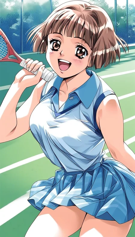 score_9, score_8_up, score_7_up, source_anime, rating_explicit, BREAK <lora:Tsuzuki_Kozue_XL:1>Tsuzuki_Kozue, brown hair, short hair, brown eyes, blunt bangs, medium breasts,
1girl, solo, plays tennis,laugh,thighs,
day, school,