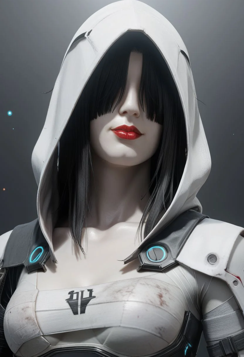 score_9, score_8_up, science fiction, exploration bodysuit, solo, 1girl, flboltxl, pale skin,black hair,hair over eyes,red lips, white bandages,hood,chest sarashi