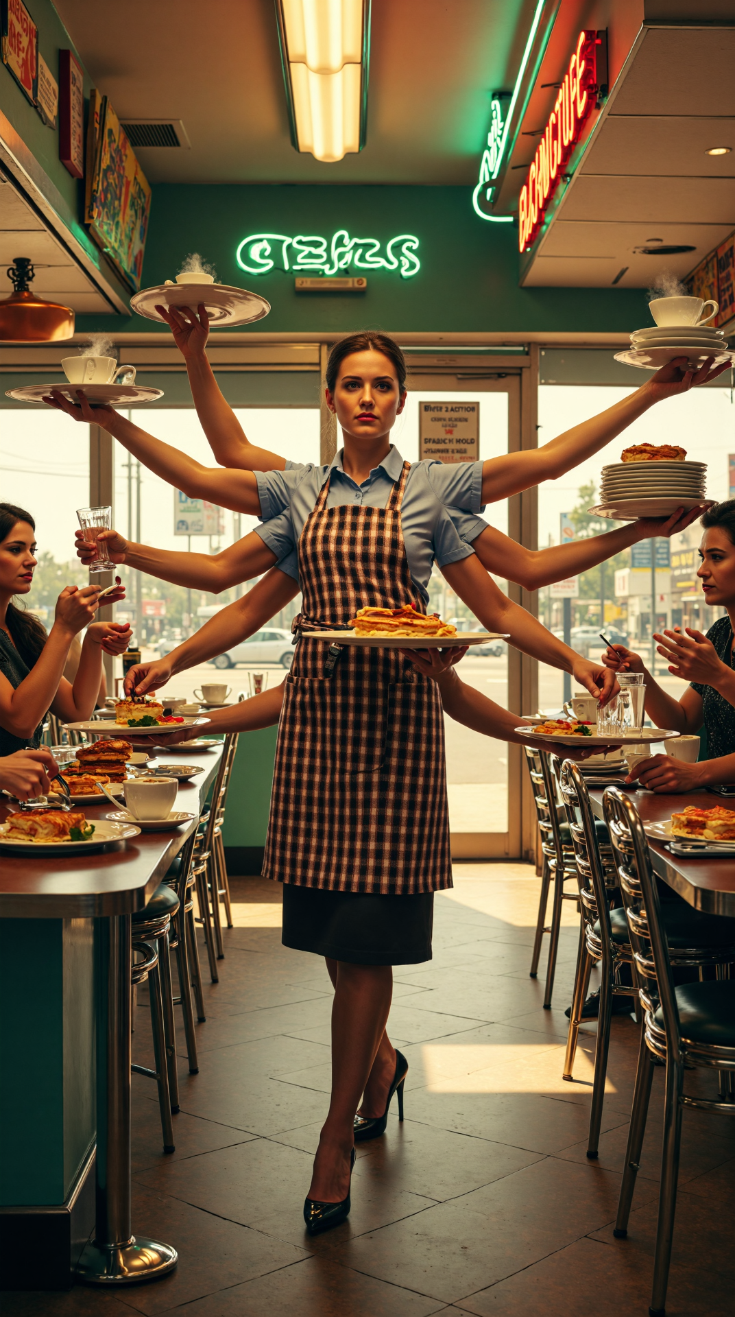 A photoreal, realistic photo of A female waitress with manymany arms, each arm adorned with a different colorful apron, as she effortlessly balances a multitude of trays, plates, and glasses. One arm pours a stream of steaming coffee, while another arm expertly flips a pancake, and a third arm delicately carries a towering dessert stand. Her manymany arms move in a mesmerizing dance, weaving in and out of each other as she navigates the bustling restaurant. Some arms gesture warmly to patrons, while others scribble orders on notepads or ring up bills on a cash register. The waitress's manymany arms are a whirlwind of activity, a testament to her incredible multitasking skills. The arms are posed in a dynamic, swirling motion, as if caught in a moment of joyful chaos. 
The scene is set in a vibrant, retro-style diner, with neon lights reflecting off the polished chrome exterior and a bright, sunny street scene visible through the large windows. The camera angle is low and dynamic, looking up at the waitress as she stands triumphant, surrounded by the flurry of activity, with the diner's bustling atmosphere and warm lighting casting a golden glow over the entire scene.
The image is photorealistic and has cinematic vibes. Beautiful atmospheric lighting. Professional photography. <lora:ManyMany:0.8>