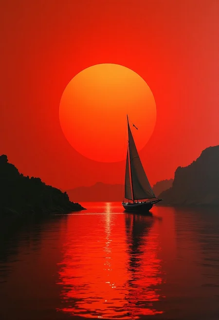 • “ At last majestic Phaedra appeared and projected a band of orange-red light across the water. At this moment the air stirred and shivered the river with cat’s- paws. Sails flapped and filled; hawsers were thrown clear; the vessel shouldered sluggishly out upon the water, barely maintaining way against the current.”
• (((incredible detail, realism pushed to extreme, fine texture, deep shadows, highest resolution))),