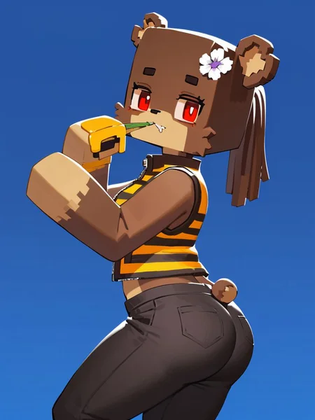 minecraft, score_9_up, score_8_up, furry female, bia, flower in hair, zipper mouth, teddy bear, solo, red eyes, ar-embedded cargo pants, microchip vest,, looking outside, from side, looking at viewer, blue and red background gradient, <lora:y-Bia_SlipperyT:0.8>, ((art by Qualzar))