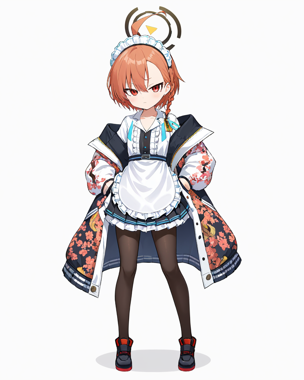 neru \(blue archive\),halo, full_body, 1girl, maid_headdress, solo, white_background, ahoge, shoes, simple_background, braid, black_footwear, white_apron, mole_under_eye, maid, open_jacket, hands_in_pockets, closed_mouth, frilled_apron, looking_at_viewer, pantyhose, standing, long_sleeves, floral_print, off_shoulder, maid_apron, shirt, puffy_sleeves
<lora:neru_(blue_archive)_image1870_2023-11-28:1>halo. gorgeous,key visual, vibrant, studio anime,award-winning, professional, highly detailed,high budget, cinemascope