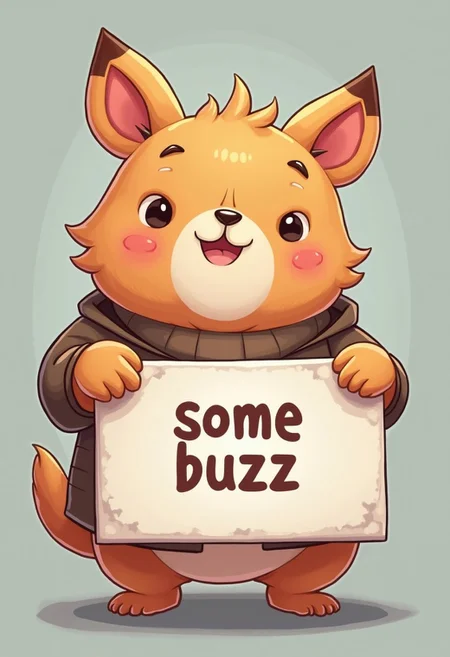 cute animal holding a sign " some buzz ", anime style