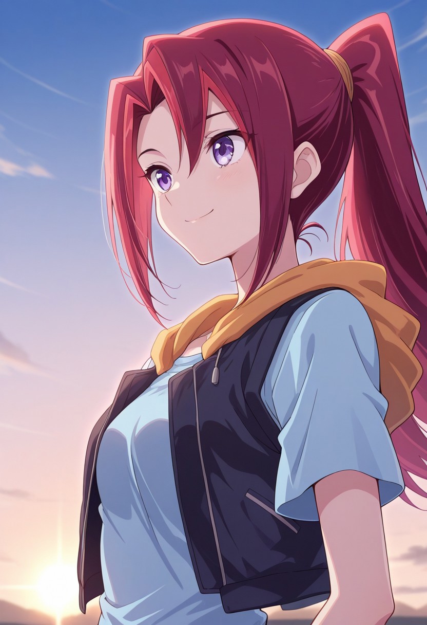 masterpiece,best quality,amazing quality, source_anime, 
KariTsukumo, 1girl, solo, purple eyes, red hair, long hair, ponytail, multicolored hair, shirt, blue shirt, short sleeves, jacket, hood, sleeveless jacket, smile, sky,