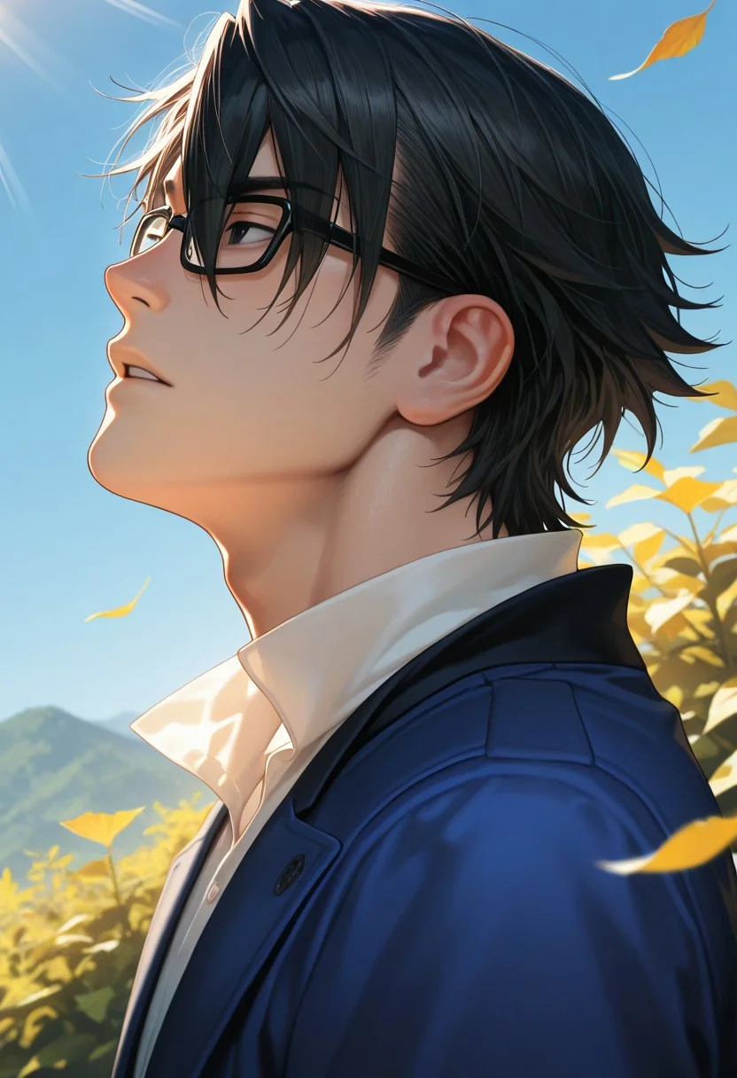 masterpiece, best quality, amazing quality, absurdres, newest, detailed background, definition so sharp, Ultra-HD, 8K cinematic, very awa, impressionate, amazing quality, highres, d10w21ll,
solo, male focus, manly, mature male, bara, day, blue sky, outdoor, sunbeam, windy, flying leaf,
1boy, short hair, glasses, saruhikofushimi, saruhiko_black hair, saruhiko_black eyes, blue coat, collared shirt, side view, looking far away,
calm expression, parted lips, depth on field, upper body, focus on scene