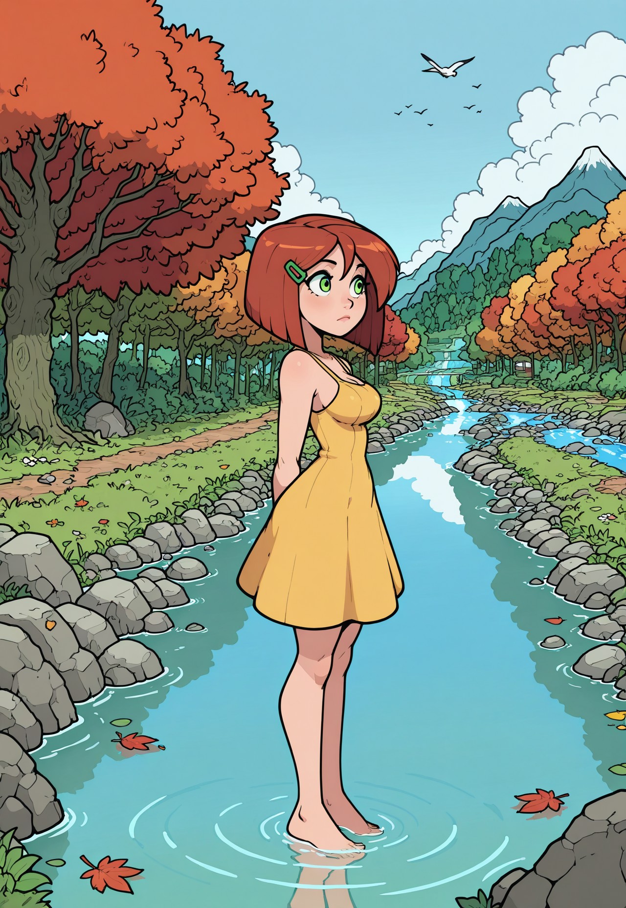 comicbook style, cartoon, flat color, amazing quality, 4k, high resolution, ultra-detailed, newest, tranquil rural village, close up, 1girl, standing, yellow sundress, bare feet, medium breasts, green eyes, auburn bob cut, hairclip, rocky outcropping. Looking off, vibrant green grass, foliage, clear blue sky, fluffy white clouds. greenery, river, closed mouth, full body, flowers, outdoors, sky, day, water, tree, blue sky, looking to the side, birds, leaf, scenery, reflection, rock, mountain, autumn leaves, ripples, river, falling leaves, stream, (close up), girl focus