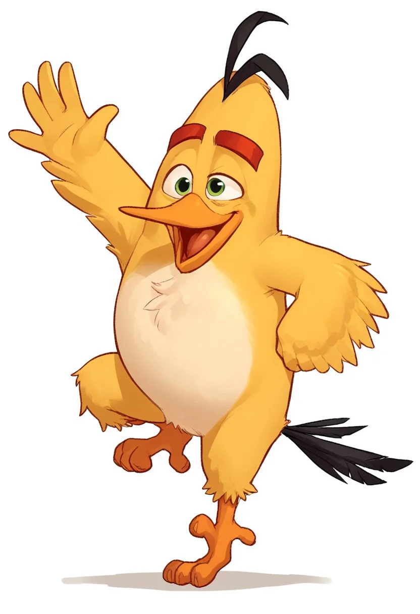 chuck_bird, b4n4n4d4b0i, angry birds, score_9, score_8_up, score_7_up, score_6_up, score_5_up, score_4_up, source_furry, hi res, sfw, solo, 2D artwork.
yellow plumage, triangular body, triangular head, black head tuft, black tail, tail feathers, long beak, white belly, thin build, feathered hands, winged arms, red eyebrows, green eyes, thin eyebrows, avian feet, banana-like body.
White background, standing on one leg, waving to the viewer, waving, smile, open mouth, standing, full body.