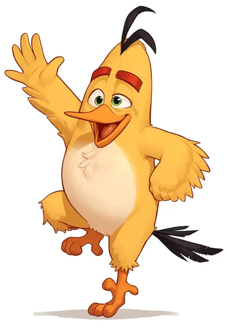 chuck_bird, b4n4n4d4b0i, angry birds, score_9, score_8_up, score_7_up, score_6_up, score_5_up, score_4_up, source_furry, hi res, sfw, solo, 2D artwork.
yellow plumage, triangular body, triangular head, black head tuft, black tail, tail feathers, long beak, white belly, thin build, feathered hands, winged arms, red eyebrows, green eyes, thin eyebrows, avian feet, banana-like body.
White background, standing on one leg, waving to the viewer, waving, smile, open mouth, standing, full body.