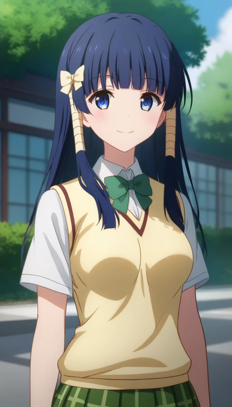 score_9,score_8_up,score_7_up,score_6_up BREAK official art,solo,outdoors,upper body,(portrait:1.5),looking at viewer,facing viewer,smile,blush,Murasame Shizu,long hair,blue hair,hair ornament,hair bow,hair ribbon,hair tubes,blunt bangs,blue eyes,school uniform,sweater vest,yellow vest,white shirt,collared shirt,green bowtie,short sleeves,medium breasts,miniskirt,green skirt,plaid skirt,pleated skirt,black socks,loafers,<lora:Murasame Shizu(tlr)-Pony:1.6>,
