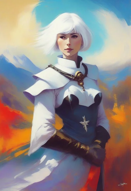Fauvism Art of warriror nun lady, short white hair, in dreamlike scenery, whirling colours,, rpg, gothic, medieval, dark, painterly, bold colors, textured brushwork, fauvism art