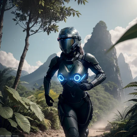 Highly detailed cinematic film still, Hip level shot, of (fit female soldier, wearing high-tech black Exo suit, helmet), running through the jungle, (lush vegetation), (mountains:1.1), (god rays:0.4), dense alien jungle, toned body, (highly detailed, hyperdetailed, intricate), (lens flare:0.4), (bloom:0.5), particle effects, cinematic lighting, (soft lighting:0.6), prominent projected shadows, deep depth of field, (film grain:0.5), photographed on a Leica SL (Typ 601) Mirrorless Digital Camera, 50mm wide angle lens, F2.8 aperture, deep focus, (RAW), cinematic film still from Gravity 2013
