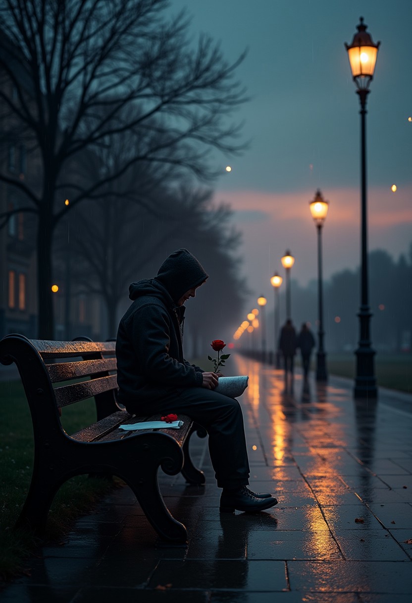 A melancholic, cinematic portrayal of love lost, bathed in moody hues of deep blues, purples, and soft golden glows. A lone figure sits on a weathered park bench under a dimly lit streetlamp, rain lightly drizzling, reflecting city lights on the wet pavement. The figure holds a crumpled love letter, ink smudged by teardrops. A single red rose, petals beginning to wither, rests beside them. In the distance, blurred silhouettes of happy couples walk hand in hand, their laughter a distant echo. Faintly glowing fireflies hover around, symbolizing fading hope. The sky is a gradient of twilight, blending sorrowful blues with the last traces of sunset’s warmth. A sense of solitude and longing permeates the air, captured in the delicate interplay of shadow and light
