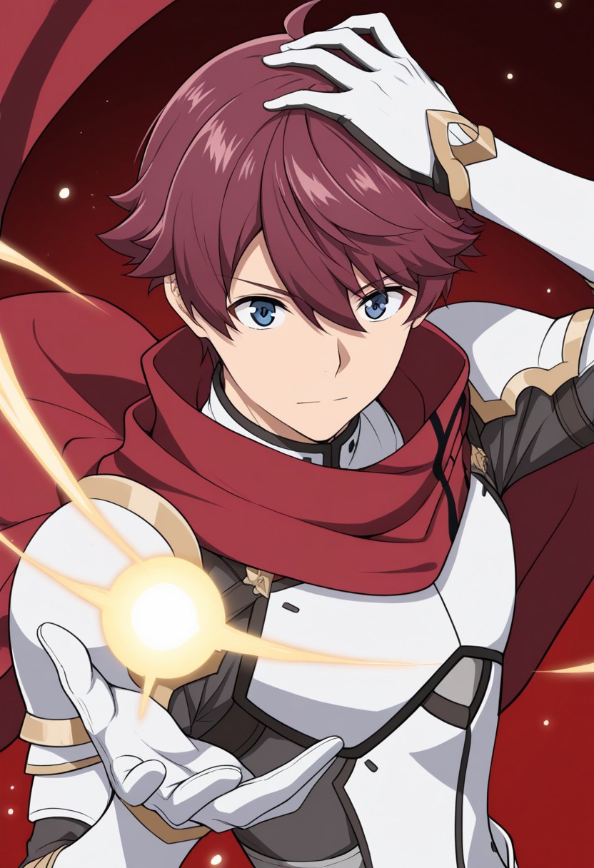 score_9, score_8_up, score_7_up, score_6_up, score_5_up, score_4_up, high quality, (detailed eyes:1.5), (detailed face), ((perfect face)), master piece, best high quality, ultra details, intricate details, male focus, detailed body, detailed background, perfect anatomy, masterpiece, high quality, best quality, amazing quality, very aesthetic, absurdres, ryuusen kazuki, maroon hair, blue eyes, white armor, gold trim, red cape, red scarf, hand above head, hand raised, magic, light magic, lens flare