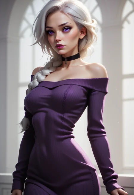 score_9, score_8_up, score_7_up, 1girl, solo, sexy sweater dress, purple dress, long sleeves, bare shoulders, black choker, <lora:Dark_Violet_Pony_v0.1:0.5> d4rkv10l3t, white hair, single braid, purple eyes,