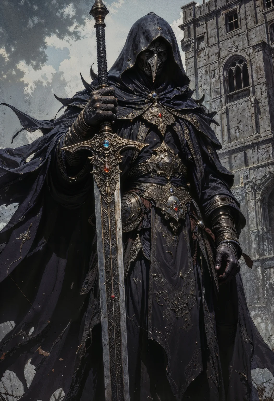 a digital painting featuring a dark fantasy character standing in a gothic, medieval setting. The character, a humanoid figure, is dressed in a flowing, black cloak that billows behind them, suggesting a strong wind. The cloak is detailed with intricate patterns and textures, giving it a heavy, almost leather-like appearance. The figure's face is partially obscured by a large, ornate helmet with a wide brim and a high crest, adding to the mysterious and intimidating aura. The character's left hand holds a long, ornate sword with a gold hilt and a sheath decorated with gemstones and intricate designs.
In the background, there is an imposing, ancient-looking wooden structure with a lattice window, suggesting a castle or a tower. The structure is weathered, with cracks and peeling paint, adding to the overall atmosphere of decay and age. The sky is overcast, with dark, stormy clouds that enhance the somber mood. The colors in the image are predominantly shades of grey, black, and dark blue, contributing to the eerie and mysterious ambiance. The style of the painting is realistic with a dark fantasy theme, capturing the intricate details and textures effectively. <lora:FluxMythG0thicL1nes:0.6> <lora:FluxMythR3alisticF:0.5> <lora:RetroAnimeFluxV1:0.6> <lora:OB半写实肖像画V2.0:0.6>