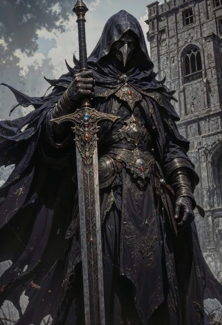 a digital painting featuring a dark fantasy character standing in a gothic, medieval setting. The character, a humanoid figure, is dressed in a flowing, black cloak that billows behind them, suggesting a strong wind. The cloak is detailed with intricate patterns and textures, giving it a heavy, almost leather-like appearance. The figure's face is partially obscured by a large, ornate helmet with a wide brim and a high crest, adding to the mysterious and intimidating aura. The character's left hand holds a long, ornate sword with a gold hilt and a sheath decorated with gemstones and intricate designs.
In the background, there is an imposing, ancient-looking wooden structure with a lattice window, suggesting a castle or a tower. The structure is weathered, with cracks and peeling paint, adding to the overall atmosphere of decay and age. The sky is overcast, with dark, stormy clouds that enhance the somber mood. The colors in the image are predominantly shades of grey, black, and dark blue, contributing to the eerie and mysterious ambiance. The style of the painting is realistic with a dark fantasy theme, capturing the intricate details and textures effectively. <lora:FluxMythG0thicL1nes:0.6> <lora:FluxMythR3alisticF:0.5> <lora:RetroAnimeFluxV1:0.6> <lora:OB半写实肖像画V2.0:0.6>