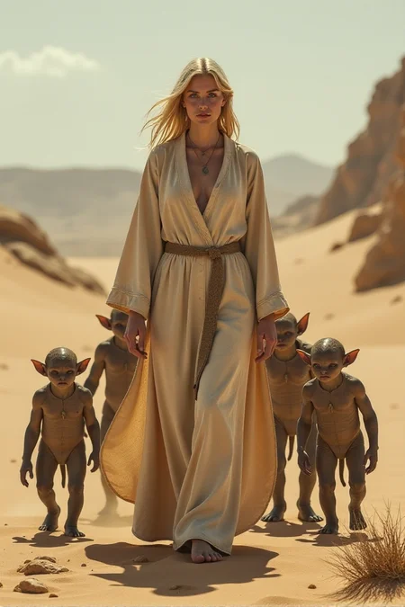 beautiful blonde mother in her 40s wearing a long flowing robe, she shepards a dozen baby monsters through a dystopian desert landscapeâââ