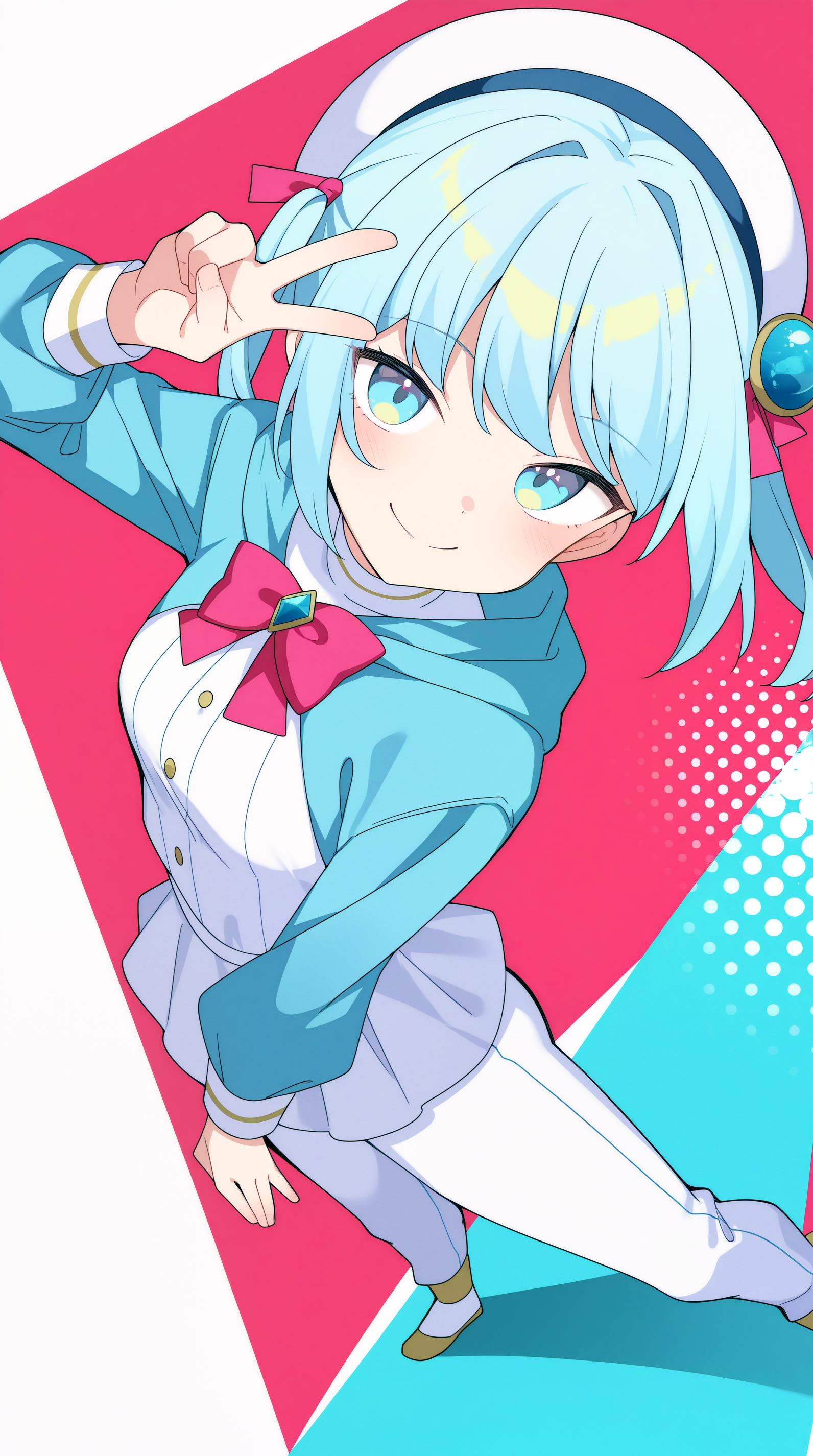 masterpiece, best quality, amazing quality, aesthetic,  absurdres, best quality, 4k, upscale, Shabon, halftone background, colorful background, colored shadow,(dynamic pose, foreshortening), 1girl, solo, hood, pants, long sleeves, blue eyes, blue hair,  v, hat, bangs, white headwear, smile,  <lora:Tia_Shabon_IL:0.8>