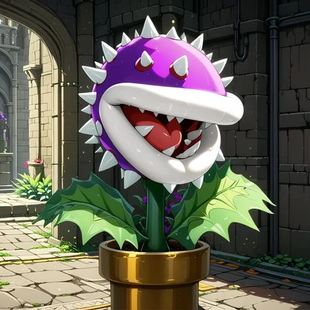 PiranhaPlantXL, purple plant, red spikes, white lips, inside castle  <lora:PiranhaPlantXL:1>, (anime, masterpiece, intricate:1.3), (best quality, hires textures, high detail:1.2), (4k),(incredibly detailed:1.4),UHD, 8K, ultra detailed