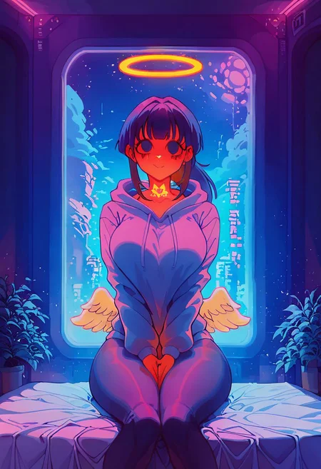 score_9,score_8_up,score_7_up,score_6_up, 1girl,
sitting in bed next to a large window, hands between thighs, wearing croptop hoodie, black croptop hoodie, long hair, black hair, blue strip in hair low ponytail hairstyle, angel, angelic girl, white wings, halo, glowing halo, black eyes, <lora:DetailedEyes_V3:1> <lora:add_detail:1>, pov from the side, sitting on the bed, hoodie, plants on the windowsill, looking out the window, looking away from viewer, background through window is vast space, galaxy background, wearing tights, leggings, black tights, thighs, night time, cyberpunk city view out of the window, neon light, purple neon lights, raining outside, heaving rain outside, girl is dry, no rain inside