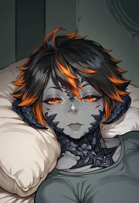 score_9, score_8_up,score_7_up, source_anime, 1girl, solo, lmwkp, half-closed eyes, pillow, on back, lying, on bed,
upper body,
Kyarine, colored skin, grey skin, grey lips, orange eyes, freckles, dragon girl, dragon horns, black scales, short hair, spiked hair, streaked hair, black hair,
<lora:lmwkp_pdxl_EliPot:1> <lora:KyarineCathPDXL_V1-Manityro-CAME:1>