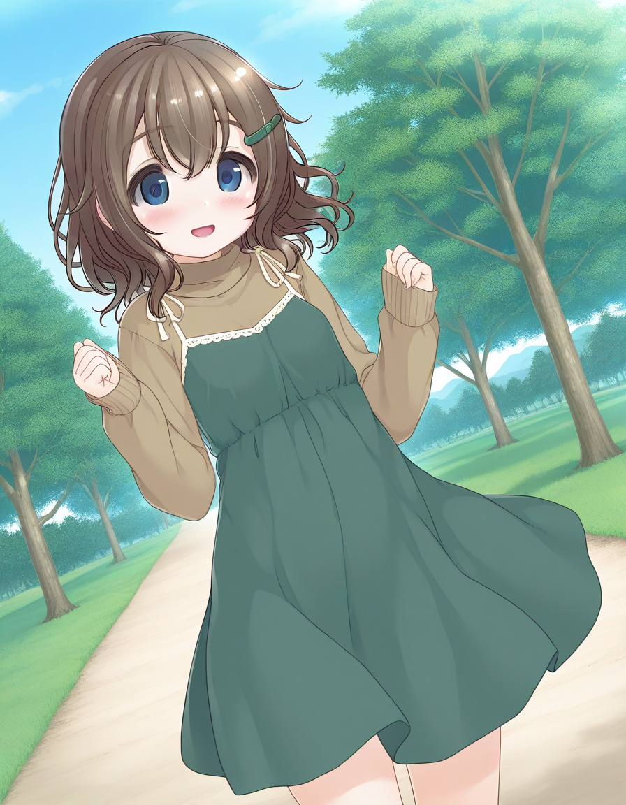 general,highres, ultra-detailed,very aesthetic,best quality ,best hands,  BREAK <lora:Fukami_Nonoka_IS:1> FukamiNonoka, 1girl,solo, bangs, medium hair, brown hair, hairclip, blue eyes, smile, open mouth,
FukamiNonoka, solo, blush, dress, looking at viewer, long sleeves, parted lips, hair between eyes, green dress, cowboy shot, clenched hands, turtleneck, 
sweater, hands up, sleeves past wrists, sleeveless dress, standing, open mouth, 
grass, sky, day, spring, tree,