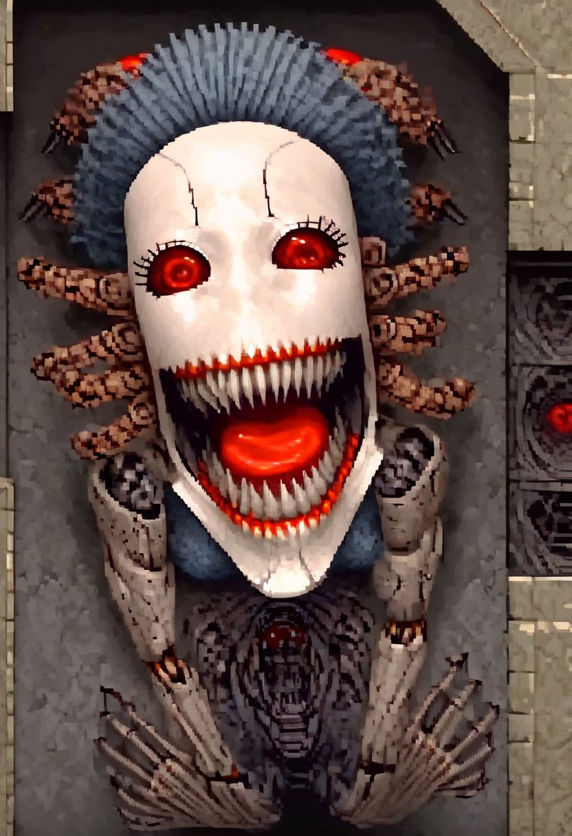 Expressive, score_9, score_8_up, masterpiece, 1 woman, solo, machine woman, horror, long sharp metal claws, stepford wife, beautiful woman, machine skin, jagged teeth, exaggerated smile, dark room, flickering light, detailed background