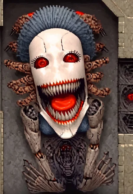 Expressive, score_9, score_8_up, masterpiece, 1 woman, solo, machine woman, horror, long sharp metal claws, stepford wife, beautiful woman, machine skin, jagged teeth, exaggerated smile, dark room, flickering light, detailed background