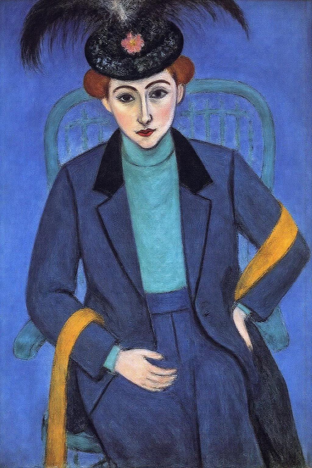 henrimatisse1 painting. 
Portrait of a seated woman. She is wearing a green top and a dark blue jacket. She wears an ornate hat adorned with a feather and a small flower. The background is a deep blue. A yellow ribbon wraps around her arm and shoulder. <lora:henrimatisse1_f16e11:1.0><lora:870750935662497243:0>
