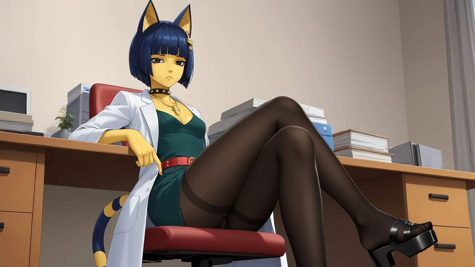 ((masterpiece)), (top quality), (best quality), (official art, beautiful and aesthetic:1.2), extreme detailed,colorful,
score_9, score_8_up, score_7_up,
source_animate,
zPDXL3, zPDXLxxx, uncensored,
((solo)), (((1girl))),
indoors, clinic,
office desk, computers,
source_furry,
<lora:ankha:0.5>, AnkhaSDXL, cat girl, furry, furry female, egyptian, body fur, (yellow fur:1.2), (yellow skin:1.3), blue hair, short hair, bob cut, blunt bangs, hair ornament, snake hair ornament, cat ears, animal ears, black eyes, (cat tail:1.2), (striped tail:1.2), scolored skin,
<lora:p5tae2:0.7>, p5tae, tae takemi, short hair, bob cut, bangs,
labcoat, necklace, choker, studded collar, short dress, dark green dress, cleavage, red belt, gladiator sandals, platform footwear,
(black pantyhose:1.3),
(small breast), (smokey eyes),
:<, frown,
sitting on an office chair, crossed legs,
(pantyhose covered toes:1.3),