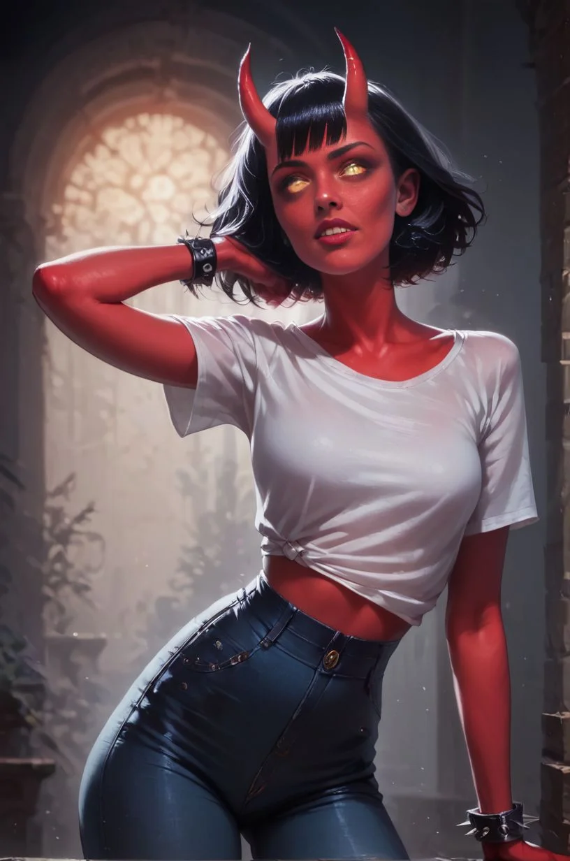 (score_9, score_8_up:1.1),score_7_up,portrait photo,(sanctusmorti dancing in a nightclub),succubus,red skin,short black bangs hair,yellow eyes,tshirt with a skull on it,black jeans,spiked bracelet,oni horns,small ears,lipstick,mascara,detailed eyes,eye shadow,petite body,slim legs,volumetric lighting,cinematic lighting,realistic,hyper realistic,detailed,shadows,sinister lighting,small tight butt,detailed face,intricate details,naturalism,hyperdetailed,hyperrealistic,photorealism,wide shot dark cinematography,volumetric lighting,source lights,<lora:Expressive_H:1>,<lora:Concept Art Ultimatum Style LoRA_Pony XL v6:1>,zPDXL (1),<lora:princess_xl_v2:0.7>,<lora:Sanctusmorti:0.8>,