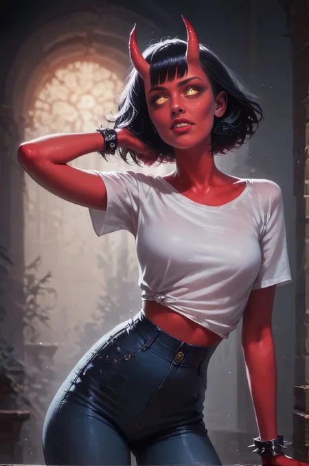 (score_9, score_8_up:1.1),score_7_up,portrait photo,(sanctusmorti dancing in a nightclub),succubus,red skin,short black bangs hair,yellow eyes,tshirt with a skull on it,black jeans,spiked bracelet,oni horns,small ears,lipstick,mascara,detailed eyes,eye shadow,petite body,slim legs,volumetric lighting,cinematic lighting,realistic,hyper realistic,detailed,shadows,sinister lighting,small tight butt,detailed face,intricate details,naturalism,hyperdetailed,hyperrealistic,photorealism,wide shot dark cinematography,volumetric lighting,source lights,<lora:Expressive_H:1>,<lora:Concept Art Ultimatum Style LoRA_Pony XL v6:1>,zPDXL (1),<lora:princess_xl_v2:0.7>,<lora:Sanctusmorti:0.8>,