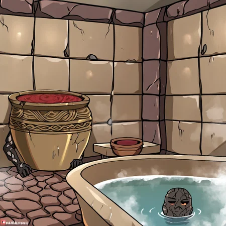 RythIFAlexanderPony, Alexander \(Elden Ring\), pot guy, on bath room, bath, stone walls
