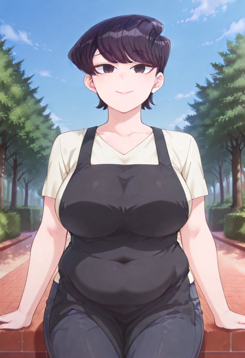 very_aesthetic, best_quality ,high_resolusion, 8K,crisp quality, ultra detailed,anime cloring,
,perfect_eyes,Erotic_style,
1woman,solo,straight-on, cowboy shot, looking at viewer,smile,outdoor, Chubby_girls, chubby, chubby girl, chubby belly, plump belly streching clothes,
Shuuko Komi,huge_breasts, black_hair, short hair, black eyes, milf,apron,shirt,pants,