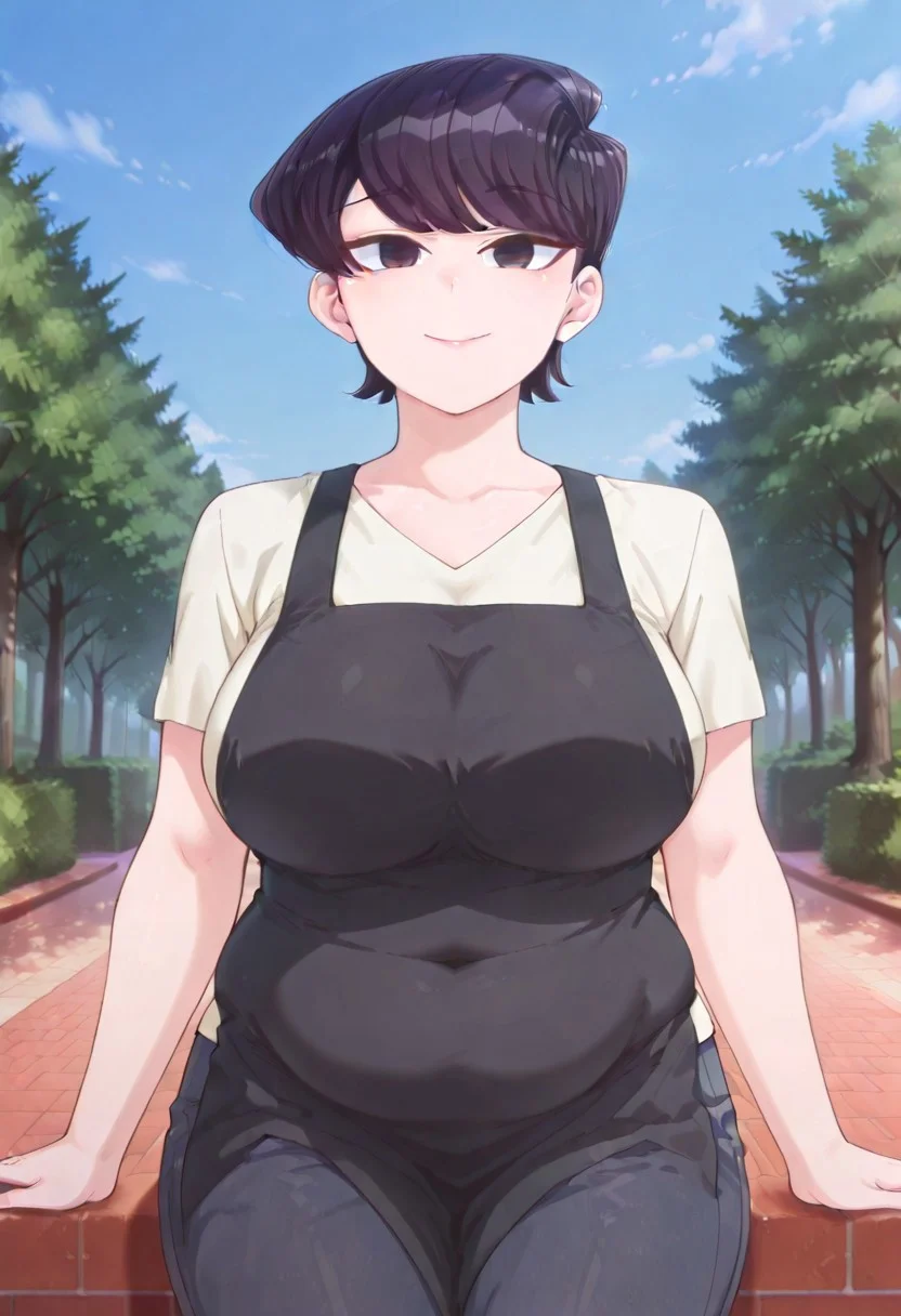 very_aesthetic, best_quality ,high_resolusion, 8K,crisp quality, ultra detailed,anime cloring,
,perfect_eyes,Erotic_style,
1woman,solo,straight-on, cowboy shot, looking at viewer,smile,outdoor, Chubby_girls, chubby, chubby girl, chubby belly, plump belly streching clothes,
Shuuko Komi,huge_breasts, black_hair, short hair, black eyes, milf,apron,shirt,pants,