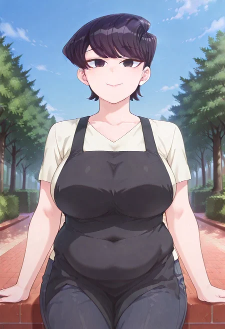 very_aesthetic, best_quality ,high_resolusion, 8K,crisp quality, ultra detailed,anime cloring,
,perfect_eyes,Erotic_style,
1woman,solo,straight-on, cowboy shot, looking at viewer,smile,outdoor, Chubby_girls, chubby, chubby girl, chubby belly, plump belly streching clothes,
Shuuko Komi,huge_breasts, black_hair, short hair, black eyes, milf,apron,shirt,pants,