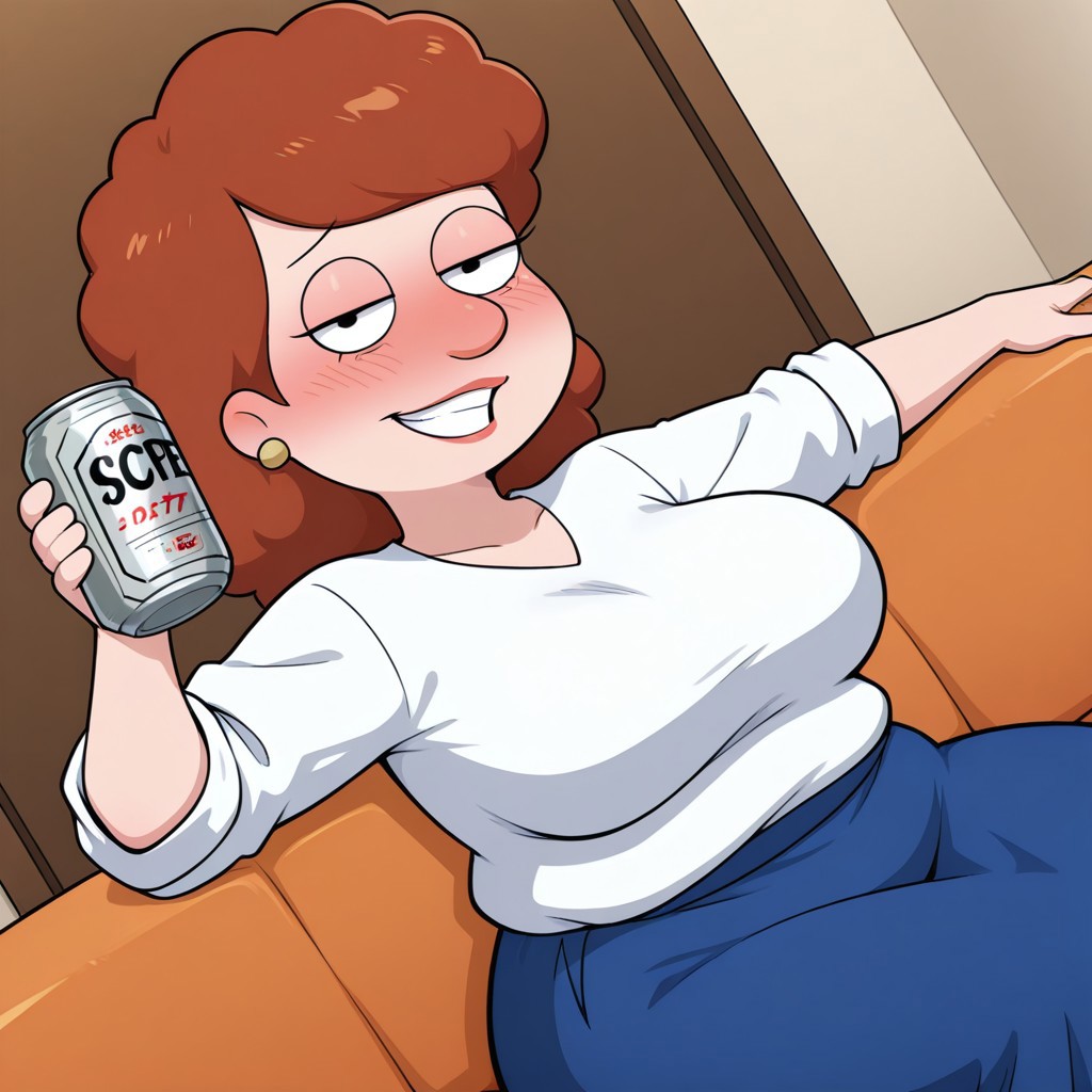 score_9,score_8_up,score_7_up,score_6_up,best quality, 1girl, solo, living room, couch, dutch angle, dynamic angle, dynamic pose, upper body,
BREAK
estherl, brown hair, black eyes, half-closed eyes, mature female, plump, large breasts, wide hips, white sweater, rolled up sleeves, blue skirt, long skirt, stockings, holding beer can, drunk, blush, grin, looking at viewer, sitting on couch,
