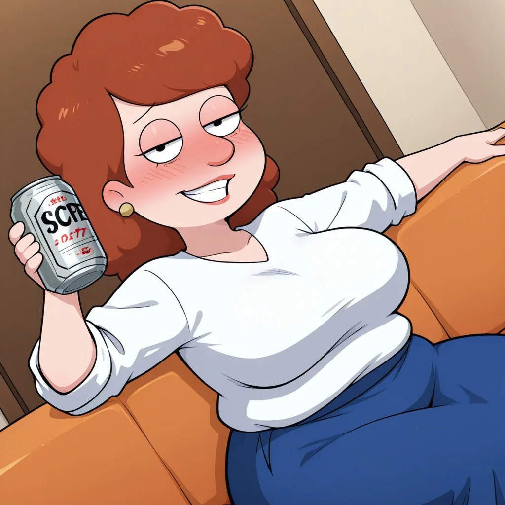 score_9,score_8_up,score_7_up,score_6_up,best quality, 1girl, solo, living room, couch, dutch angle, dynamic angle, dynamic pose, upper body,
BREAK
estherl, brown hair, black eyes, half-closed eyes, mature female, plump, large breasts, wide hips, white sweater, rolled up sleeves, blue skirt, long skirt, stockings, holding beer can, drunk, blush, grin, looking at viewer, sitting on couch,