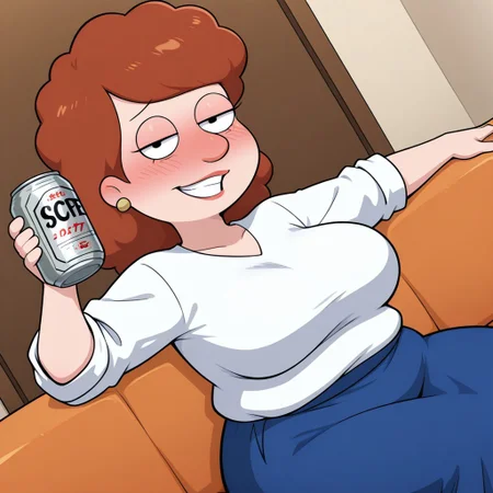 score_9,score_8_up,score_7_up,score_6_up,best quality, 1girl, solo, living room, couch, dutch angle, dynamic angle, dynamic pose, upper body,
BREAK
estherl, brown hair, black eyes, half-closed eyes, mature female, plump, large breasts, wide hips, white sweater, rolled up sleeves, blue skirt, long skirt, stockings, holding beer can, drunk, blush, grin, looking at viewer, sitting on couch,