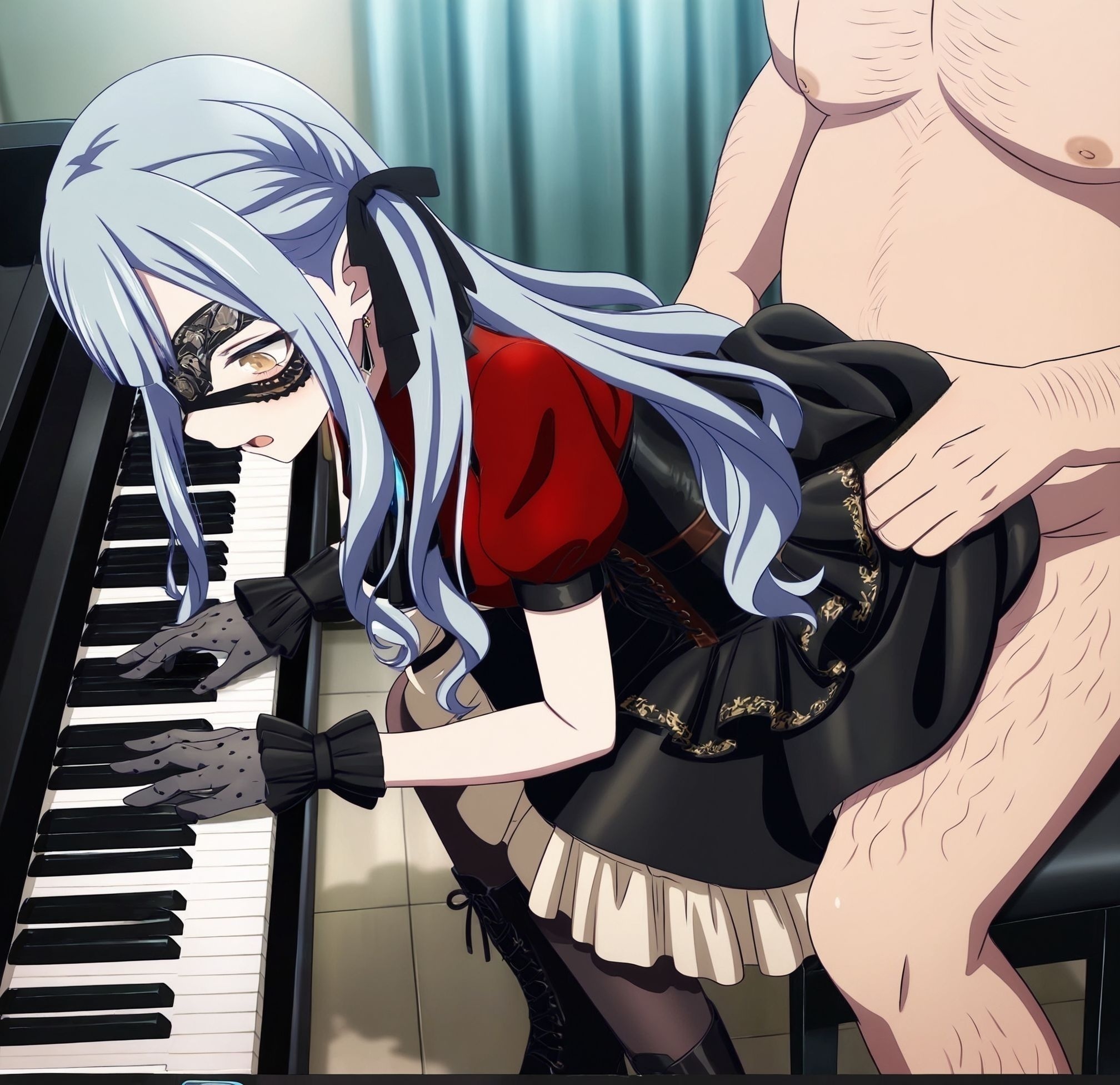 masterpiece, best quality, newest, absurdres, highres, detailed eyes, beautiful, detailed background, perfect eyes, anime coloring, anime screencap,
<lora:Erotic_Pianist:0.7> Erotic_ianistV1,
instrument,1girl,1boy,
hetero,1boy,sex,sitting,
piano,play piano,female head out of frame,
piano bench,sex from behind,  bent over, ass, 
skirt lift, 
fat man,ugly man, 
<lora:Togawa SakikoV1-IL:0.8>,twintails,braid,Togawa Sakiko,blue hair,long hair,bangs,blunt bangs,wavy hair,two side up,perforrm,perforrm mask,perforrm eyepatch,perforrm earrings,perforrm jewelry,perforrm ribbon,perforrm hair ribbon,perforrm black ribbon,perforrm shirt,perforrm red shirt,perforrm collared shirt,perforrm short sleeves,perforrm puffy sleeves,perforrm puffy short sleeves,perforrm ascot,perforrm brooch,perforrm black ascot,perforrm frills,perforrm gloves,perforrm black gloves,perforrm corset,perforrm dress,perforrm layered dress,perforrm frilled dress,perforrm skirt,perforrm black skirt,perforrm pantyhose,perforrm black pantyhose,perforrm boots,perforrm lace-up boots,perforrm black footwear,perforrm high heel boots,